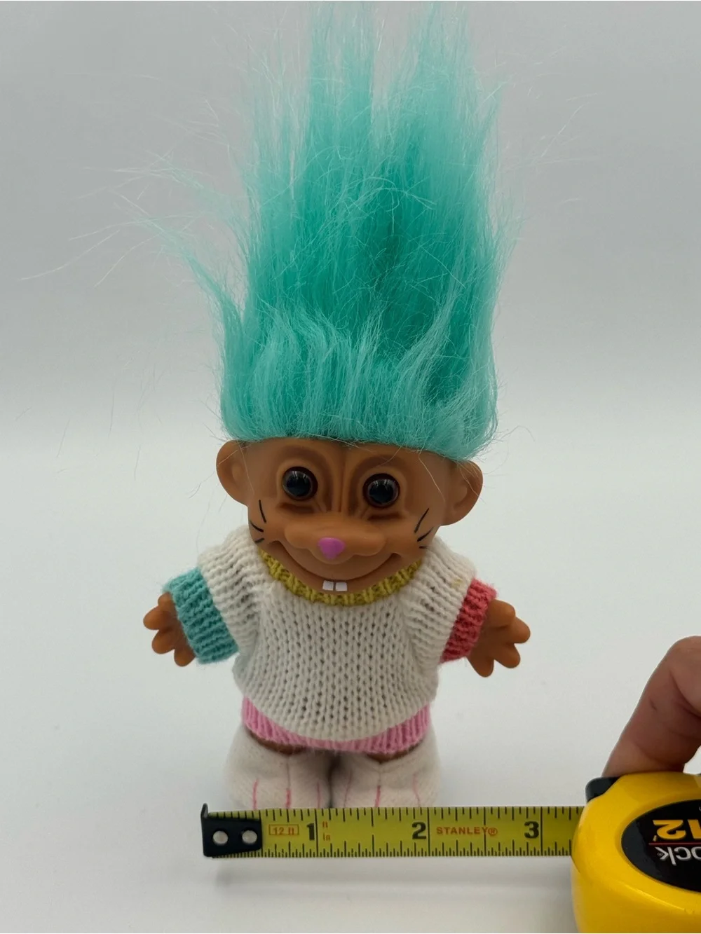 Vtg Russ Berrie Easter Bunny‎ Troll Doll Blue Hair Pastel Sweater 7 Inch